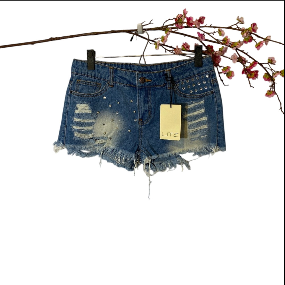 Litz Blue Distressed Jeweled Fringe Trim Casual Denim Jean Shorts Women’s Small